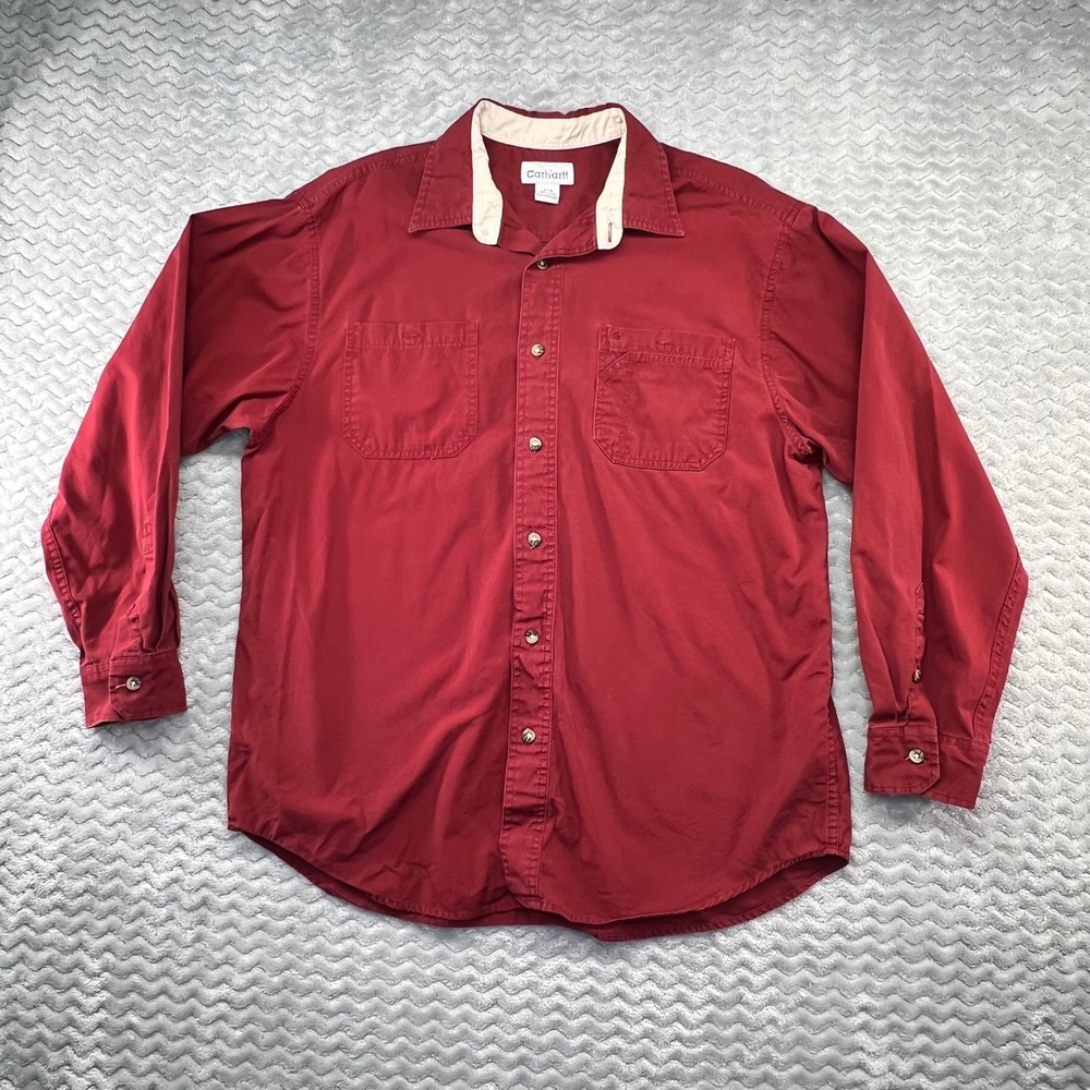 Carhartt Mens Button Down Shirt Long Sleeve Relaxed Fit Red Work Shirt